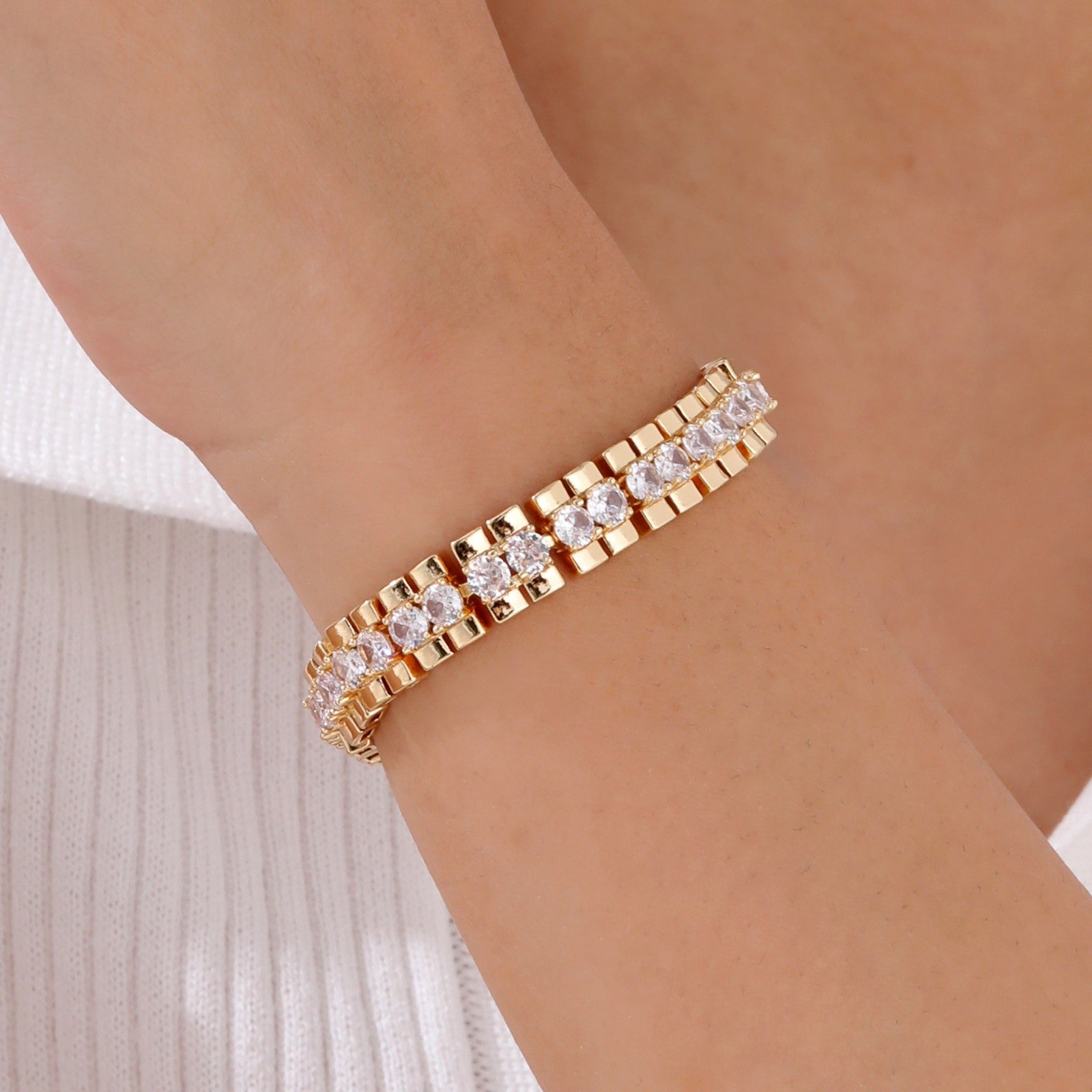Gold Plated Rhinestone Tennis Bracelet Two Row CZ Crystal Bangle Women’s Fashion