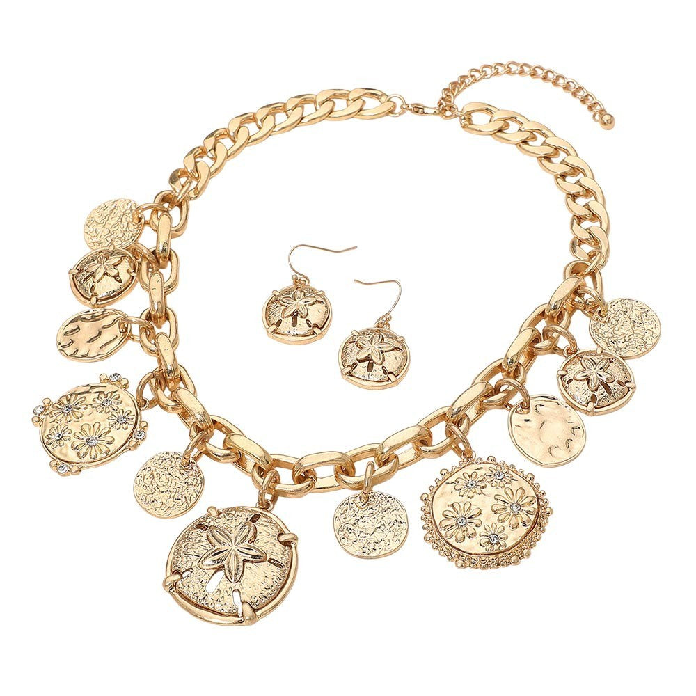 Women's Chunky Flower Engraved Medallion Charms Station Necklace & Earrings Gold