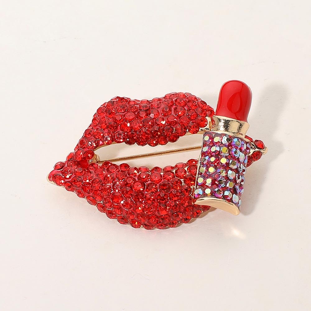 Red Crystal Pouty Lips and Lipstick Gold Tone Fashion Brooch Pin Statement