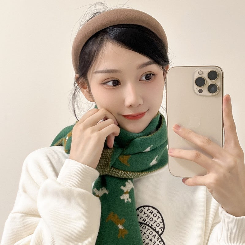 Green Knit Dog Animal Pattern Scarf Long Warm Winter Wrap Unisex Gift New