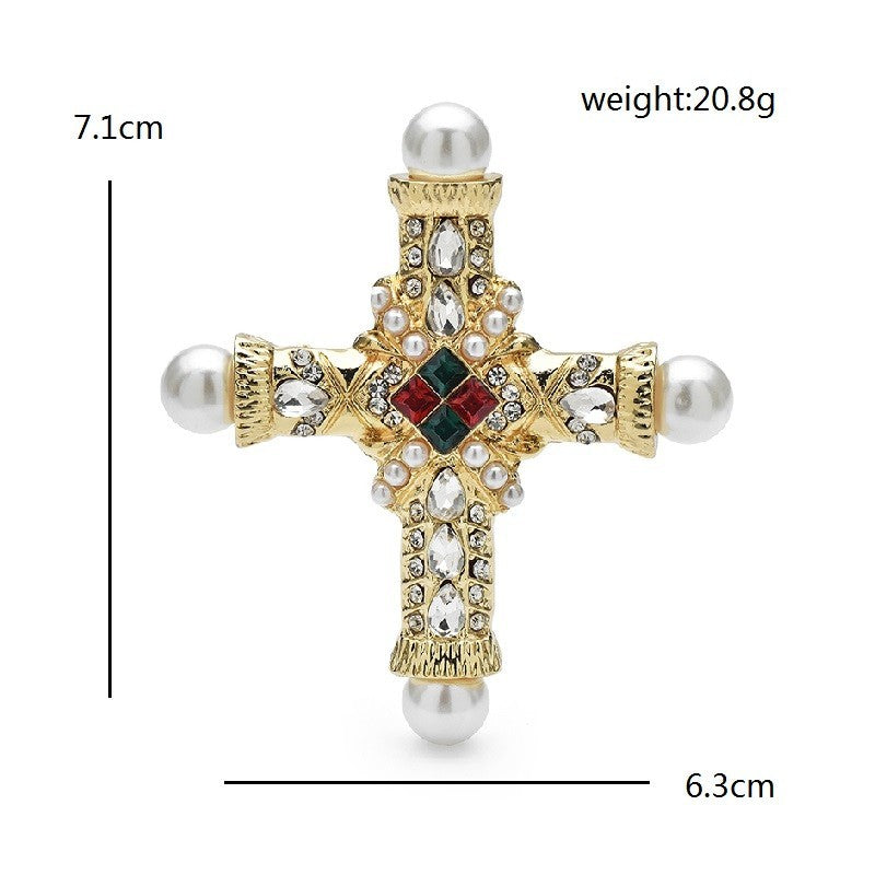 2pcs Vintage Maltese Cross Brooch Pin Set Gold Emerald Red Pearl Byzantine Ornat