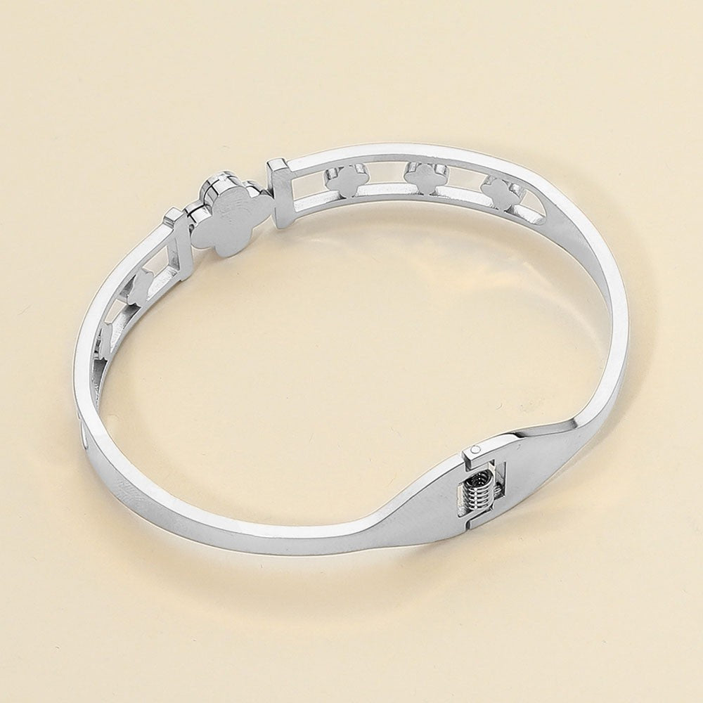 Silver & Black Stainless Steel Quatrefoil Cutout Hinged Bangle Bracelet  Women