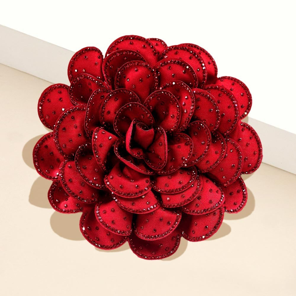 2PC Black Red Camellia Flower Brooch Pin Hair Clip Dual Set Shimmer Accents