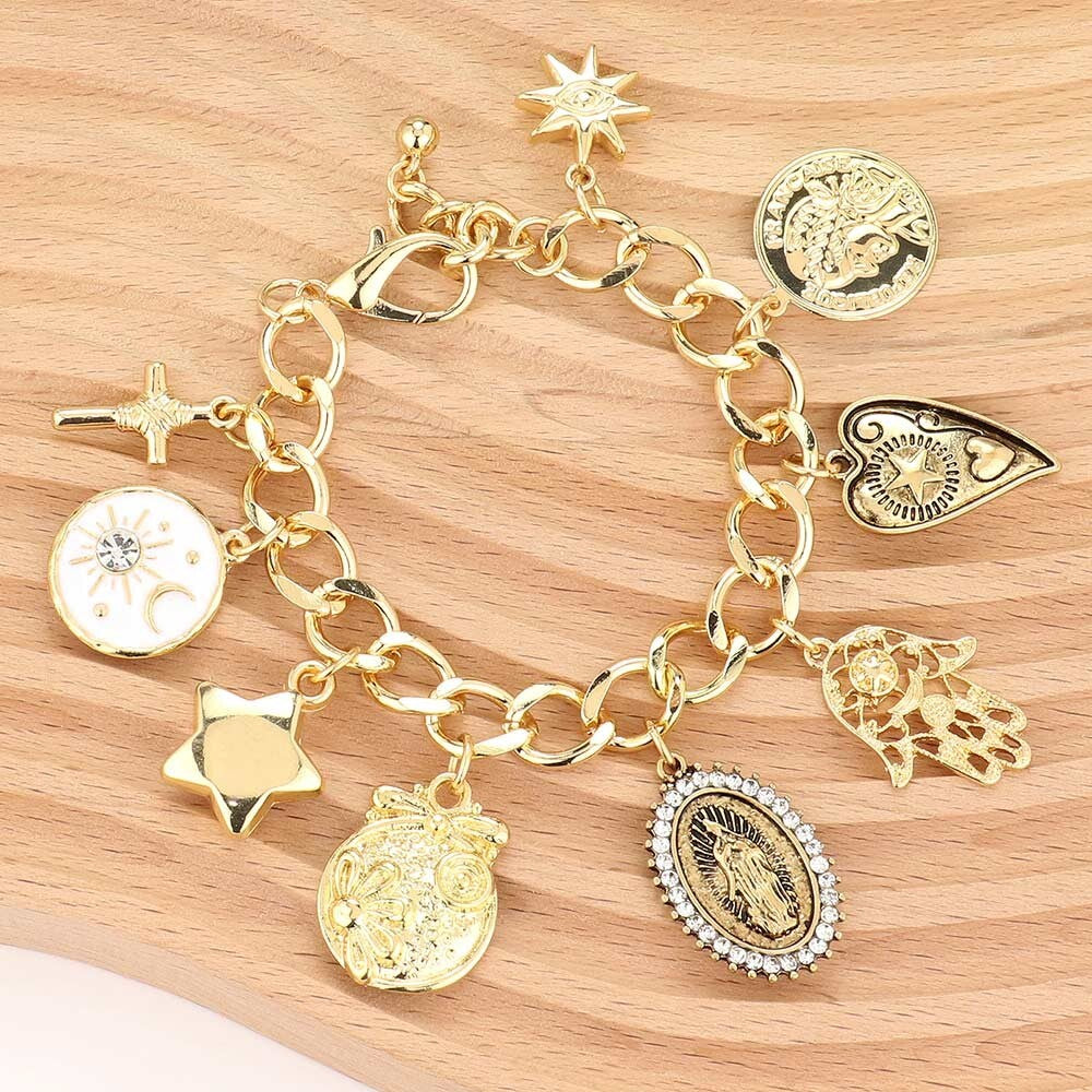 Lady Guadalupe Cross Heart  Star Charms  Bracelet Gold Chain Spiritual Jewelry