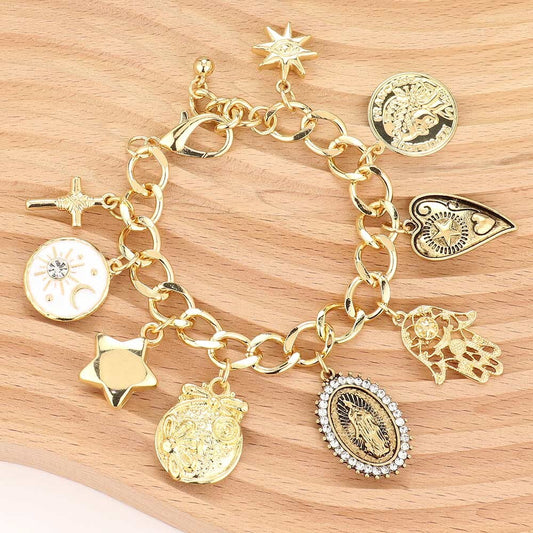 Lady Guadalupe Cross Heart  Star Charms  Bracelet Gold Chain Spiritual Jewelry