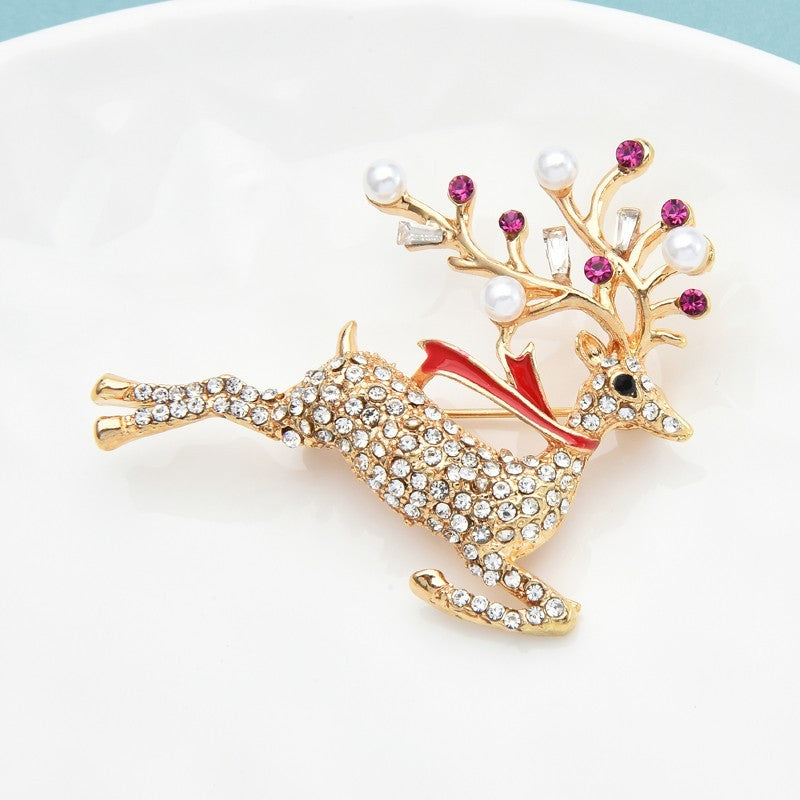 Gold Tone Leaping Reindeer Christmas Brooch Pin Red Scarf Rhinestone Pearl