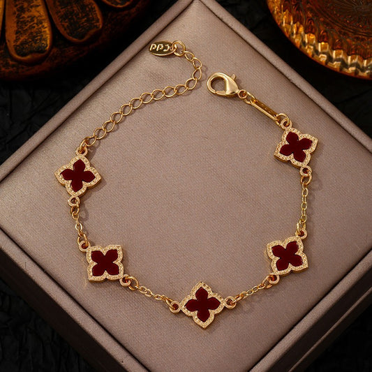 Lucky Four Leaf Clover Bracelet Gold Plated Red Charm Dainty Jewelry for Her