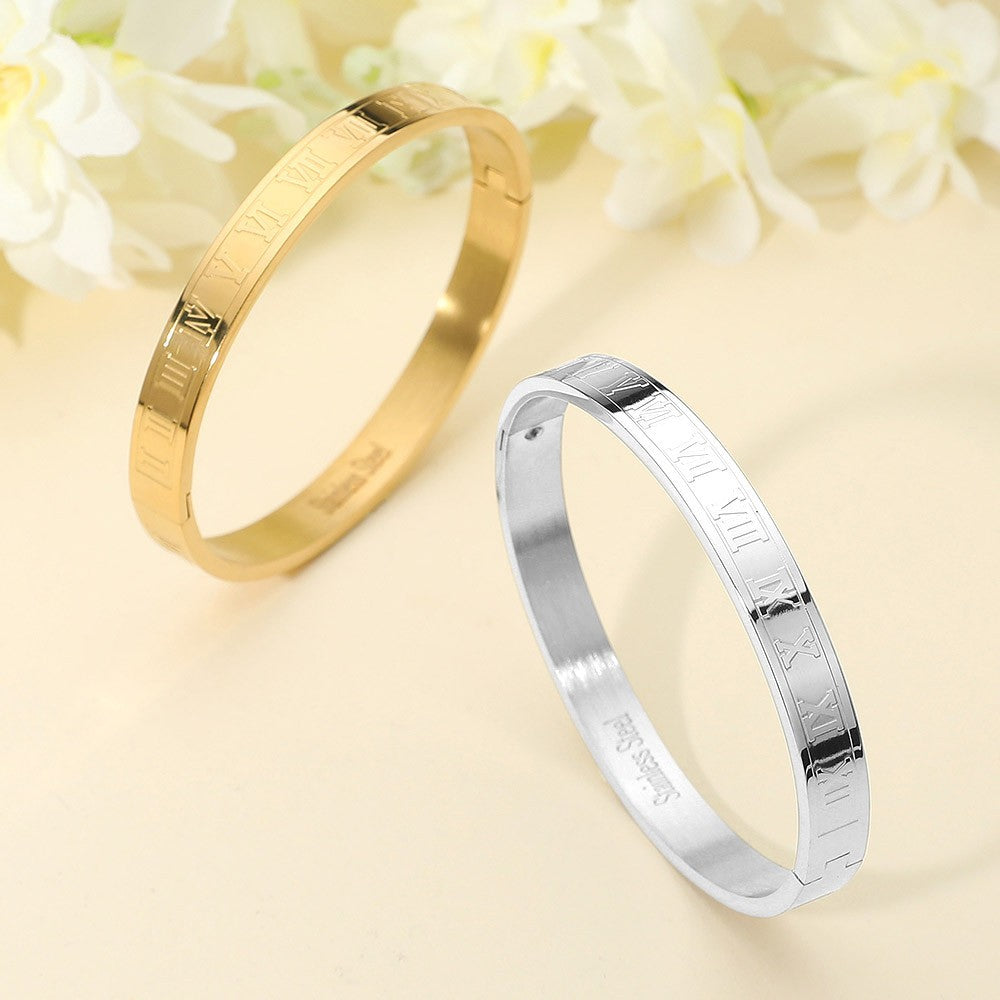 2PC Stainless Steel Roman Numeral Bangle Bracelet Set Men Women Jewelry Gifts