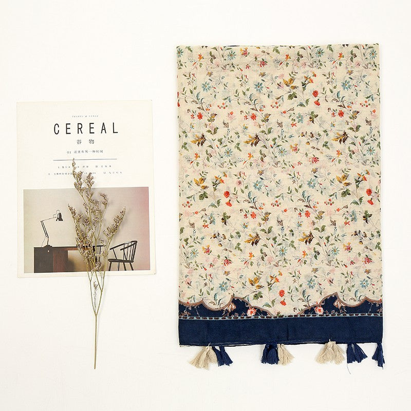 Boho Floral Print Tassel Shawl Scarf for Women Cotton Blend Wrap Navy Cream