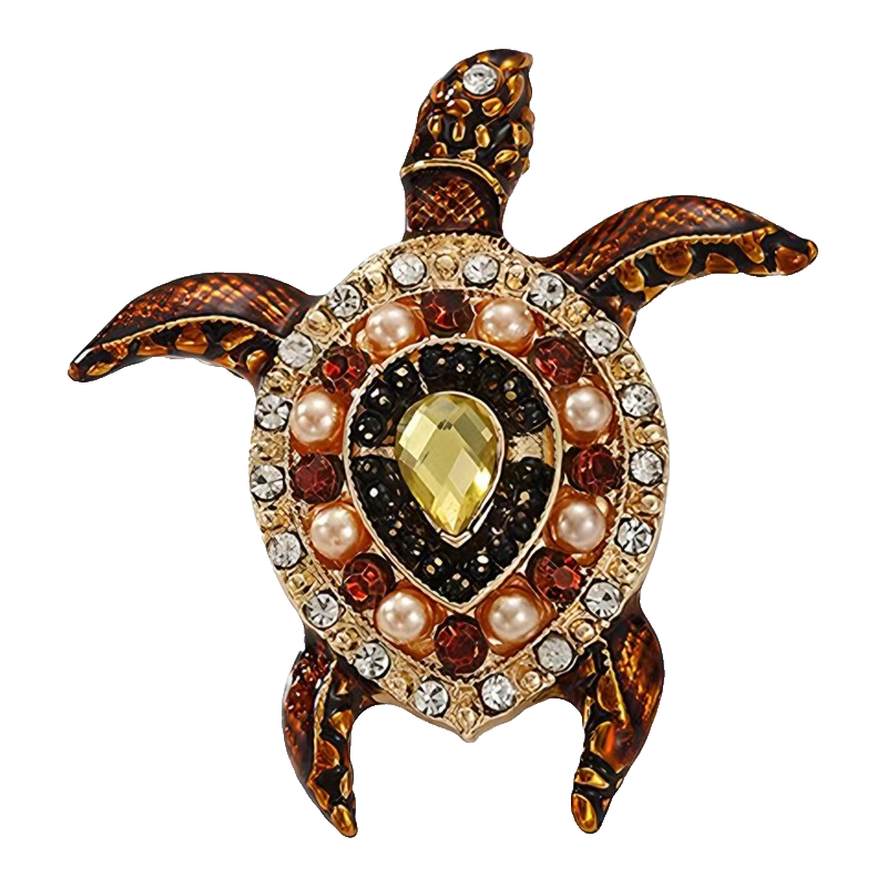 2pcs Sea Turtle Brooch Set Green Brown Enamel Crystal Rhinestone Animal Pin