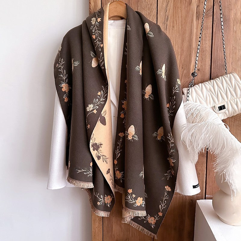 Statement Shawl Bee and Floral Embroidery Lightweight Soft Polyester Wrap