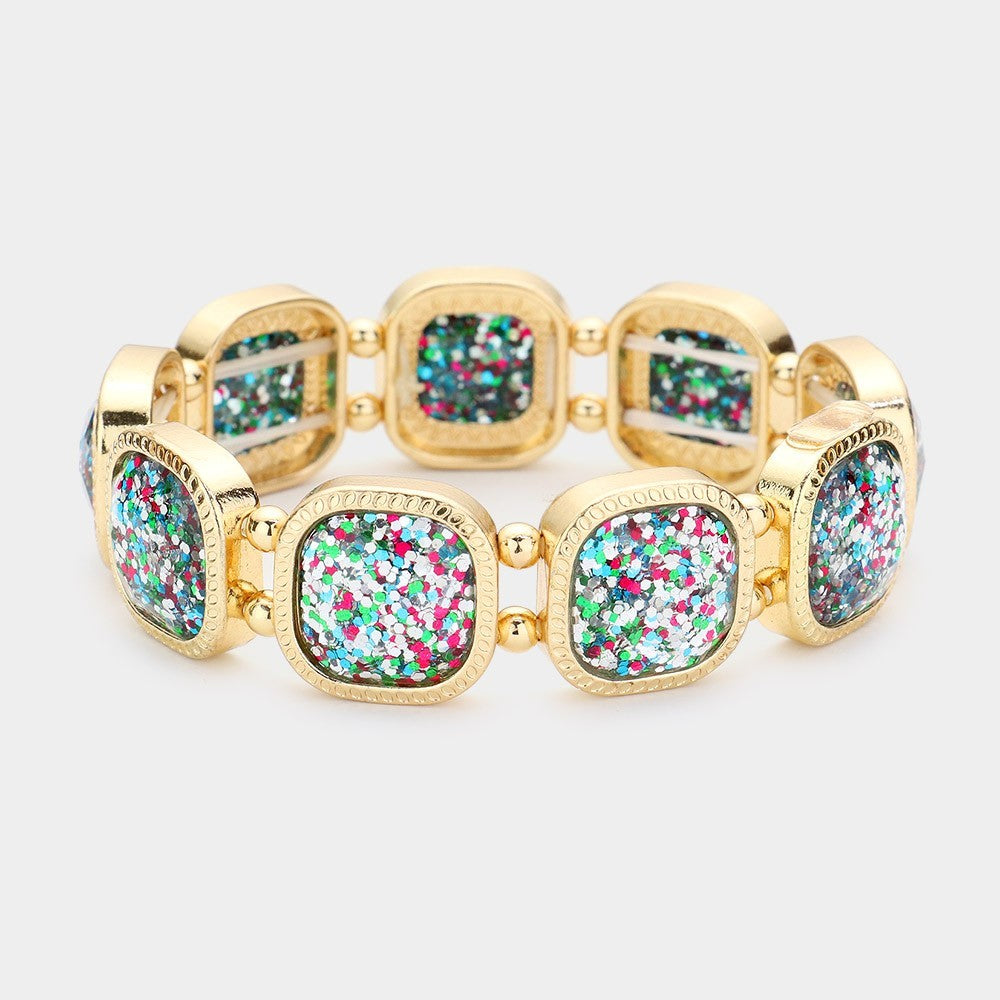 Glamorous Gold Tone Glitter Square Panel Stretch Bracelet