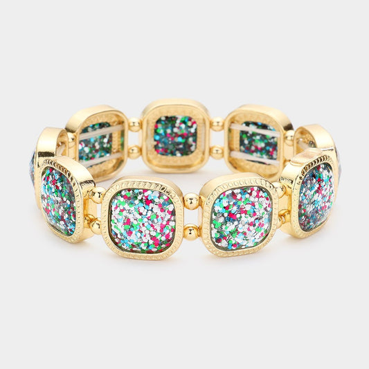 Glamorous Gold Tone Glitter Square Panel Stretch Bracelet