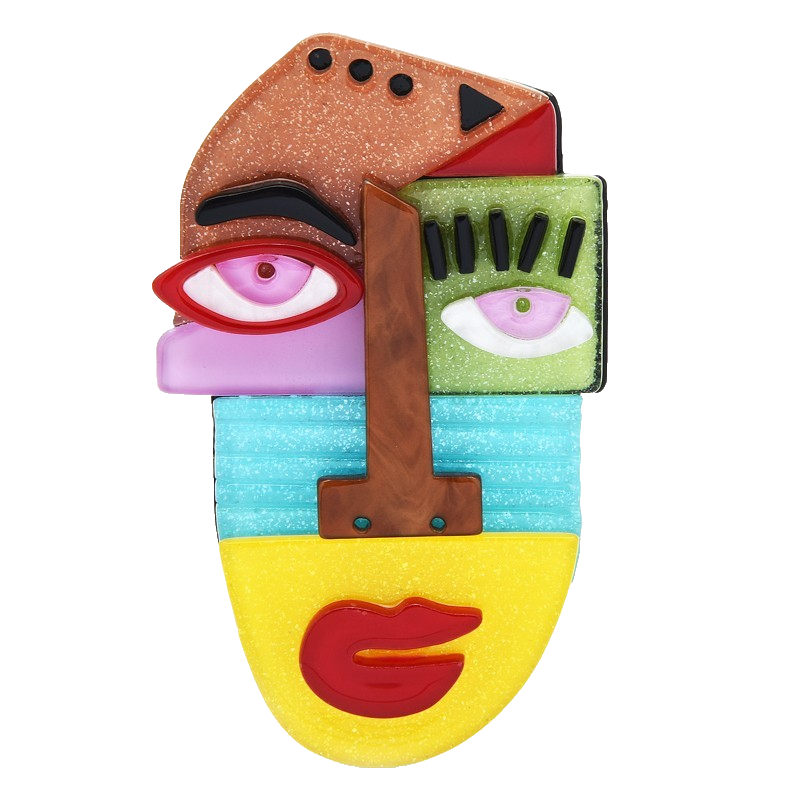 Abstract Cubist Face Brooch Pin Layered Acrylic Resin Picasso Style Statement Ar