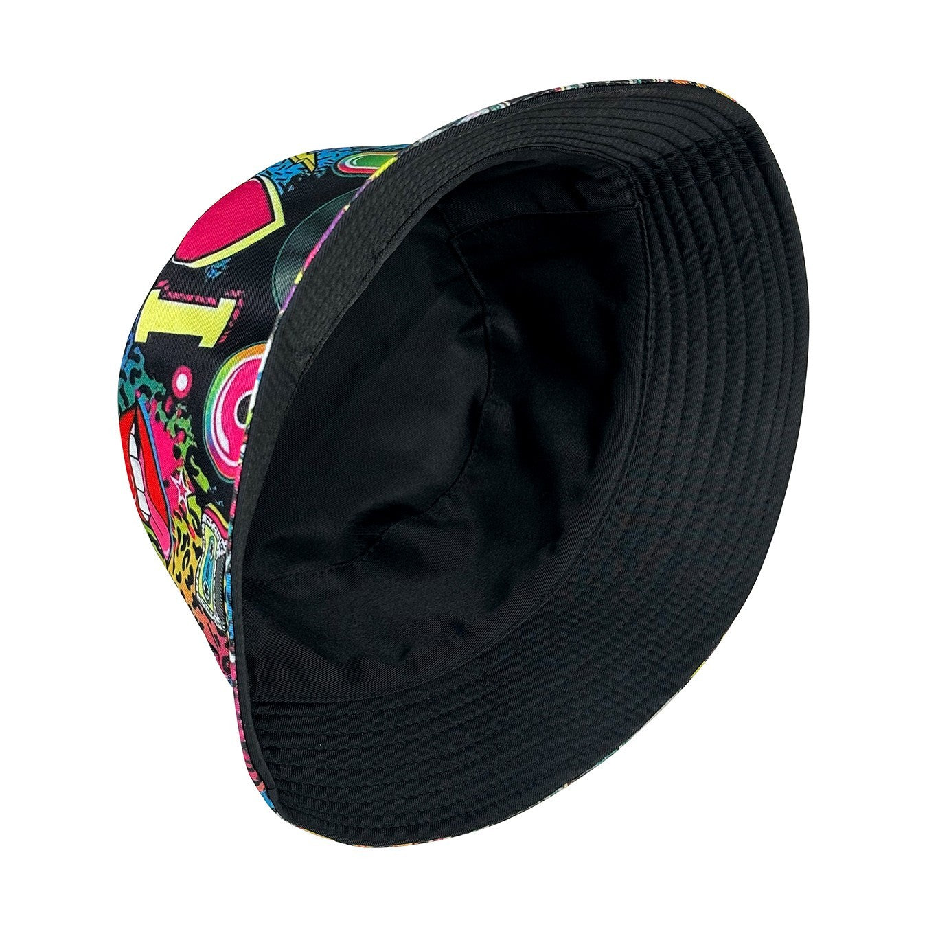 Retro 80s Reversible Bucket Hat Neon Pop Art Festival Sun Cap Black I Heart 80s
