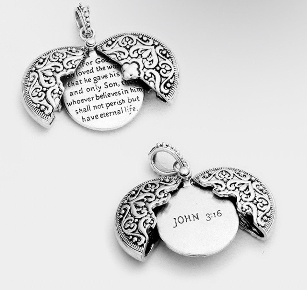 John 3:16 Locket Pendant Filigree Religious Bible Verse Necklace Charm