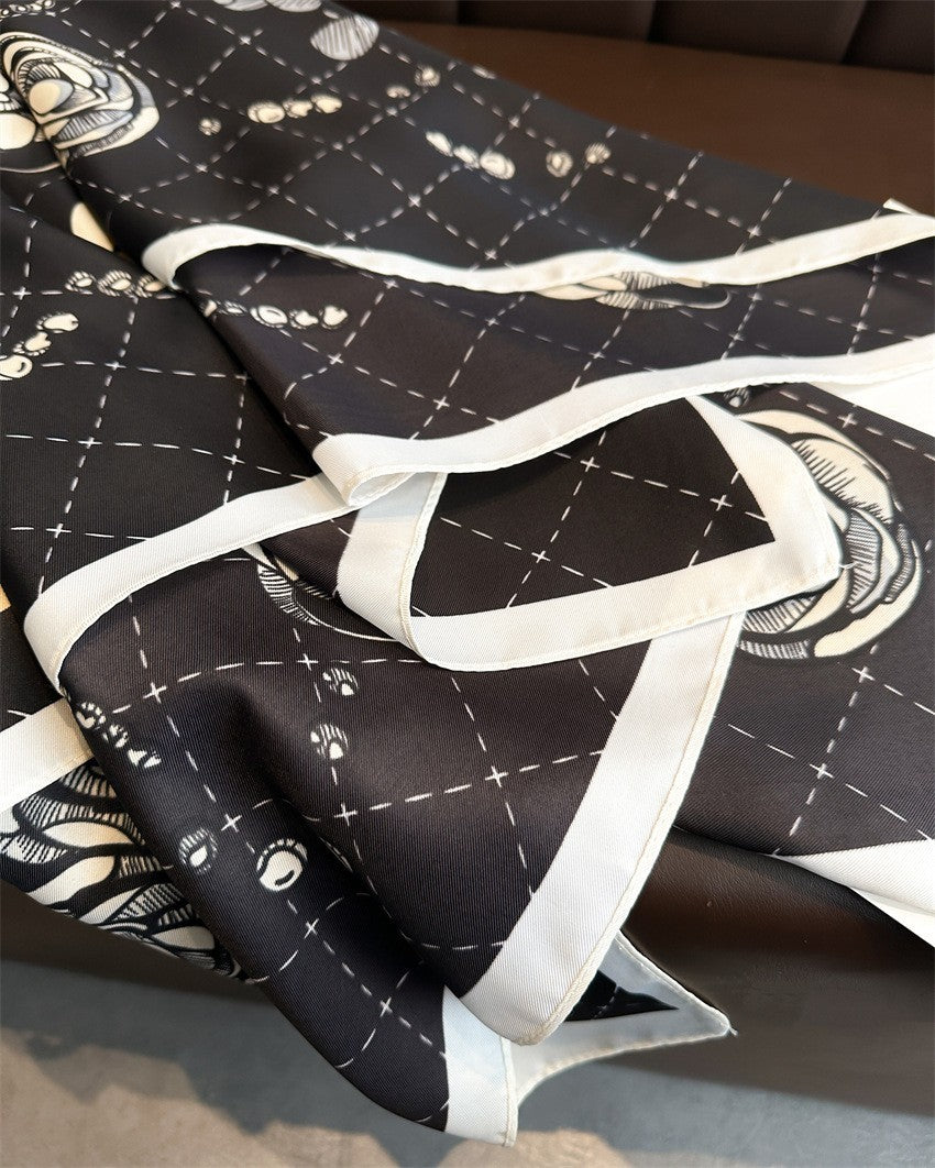 Black & White Rose Chain Print Silk Feel Square Scarf Neckerchief