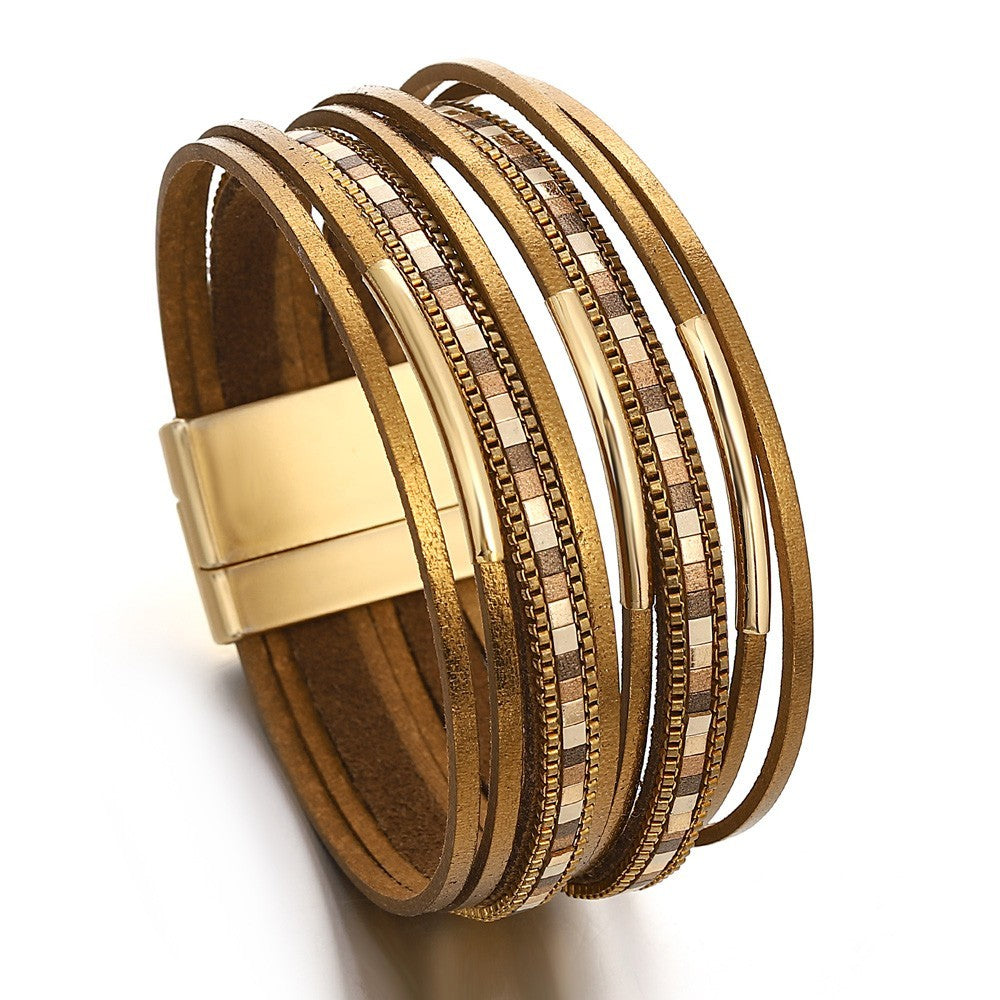 2PC Leopard Print & White Faux Fur Leather Cuff Bracelet Set w/ Magnetic Clasp