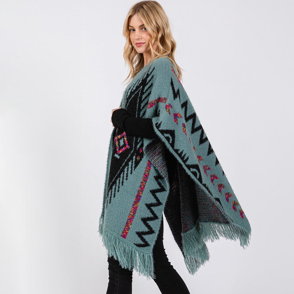 Fuzzy Aztec Pattern Tassel Knit Ruana Poncho Shawl Cape Wrap for Women