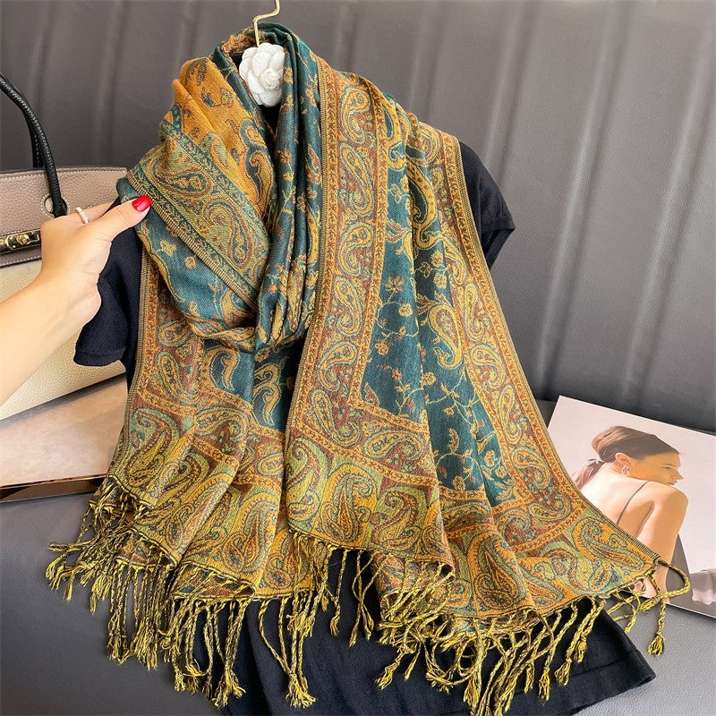 3 PC Paisley Pashmina Shawl Set - Teal Red Blue Floral Wrap Scarf with Tassels
