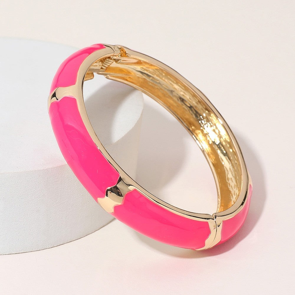 Gold Plated Enamel Hinged Bangle Bracelet Pink Fashion Jewelry for Women