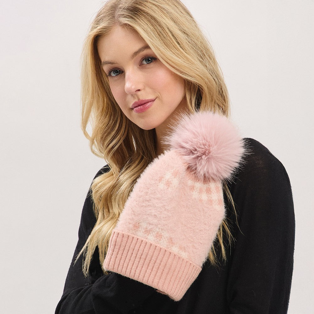 Women's Winter Beanie Hat One Size Pink Plaid Pattern Faux Fur Pom Pom Accent