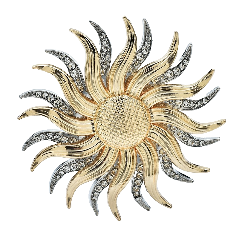 Sparkling Gold & Silver Sun Pin Brooch Rhinestone Flower Gift