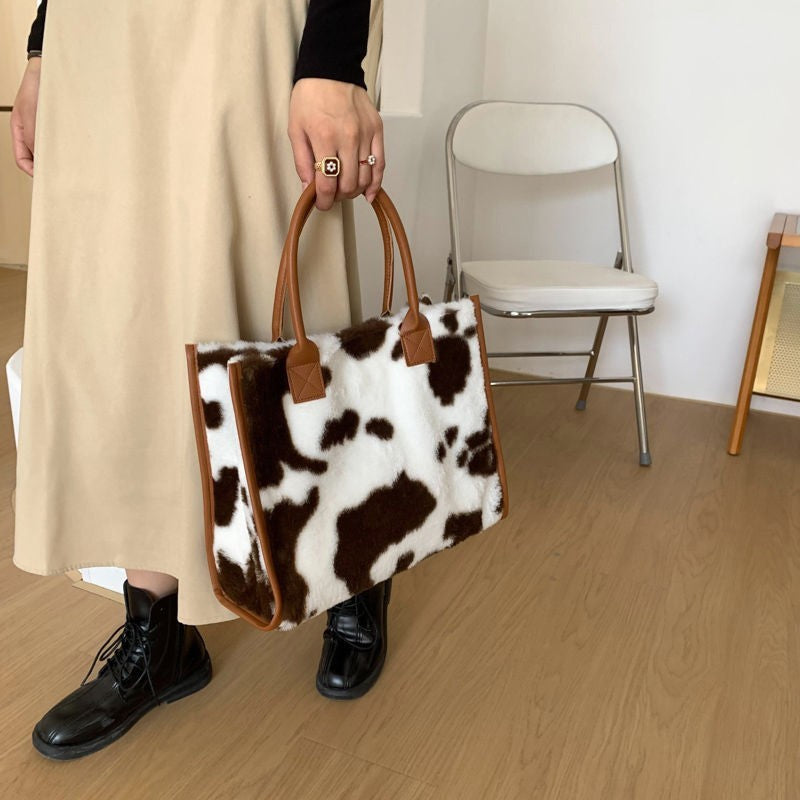 Plush Cow Print Tote Bag Handbag Fuzzy Faux Fur Shoulder Bag