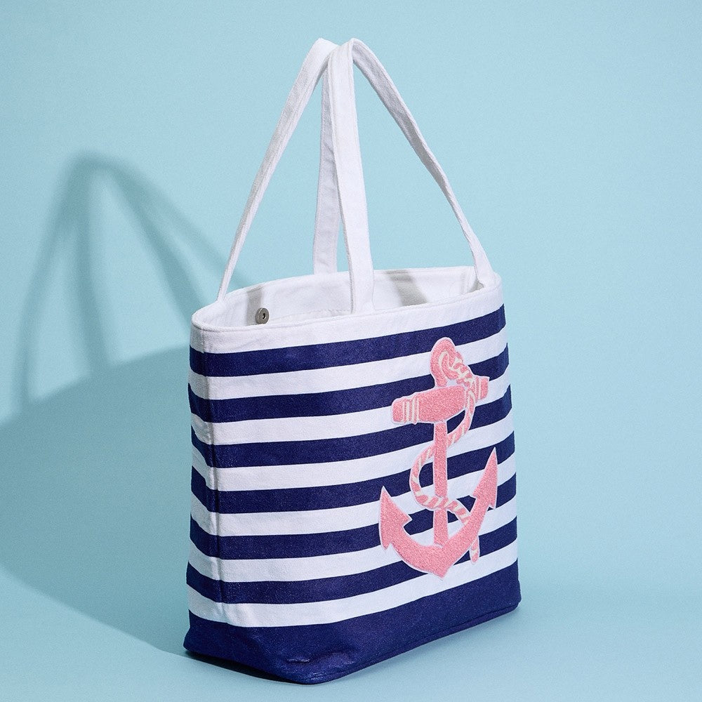 Nautical Striped Canvas Beach Tote Bag with Pink Anchor Patch