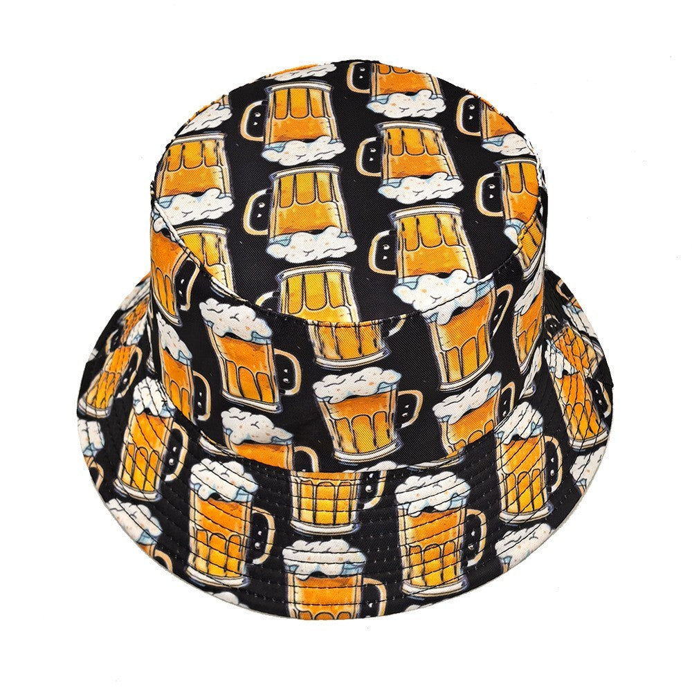 2PCs Reversible Beer Mug Print Bucket Hat Gift Set for Men Women Party