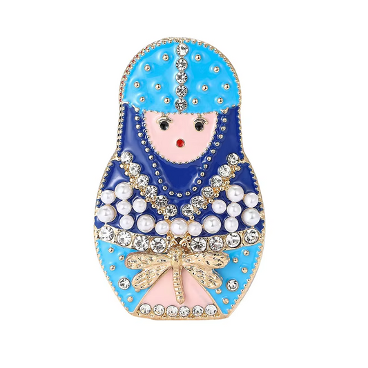 Enamel Matryoshka Doll Brooch Pin Faux Pearl Rhinestone Dragonfly Blue Fashion