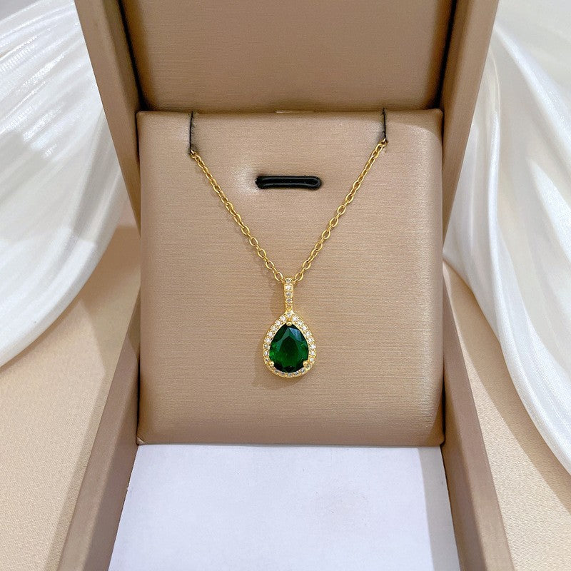Gold Plated Stainless Steel Green Teardrop Zircon Necklace Earring Set for Women