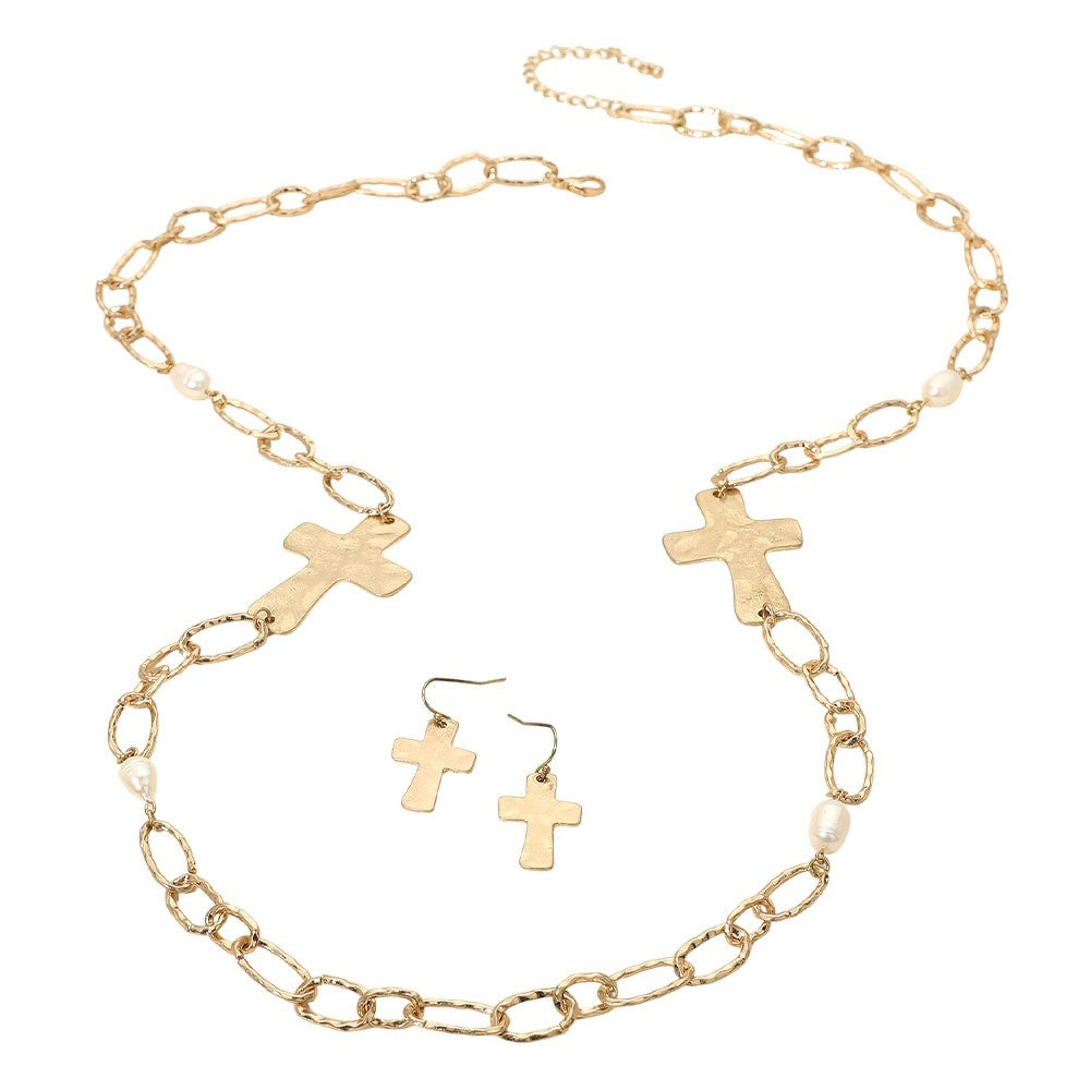 Gold Hammered Cross Long Chain Necklace and Earring Set with Faux Pearl Accents