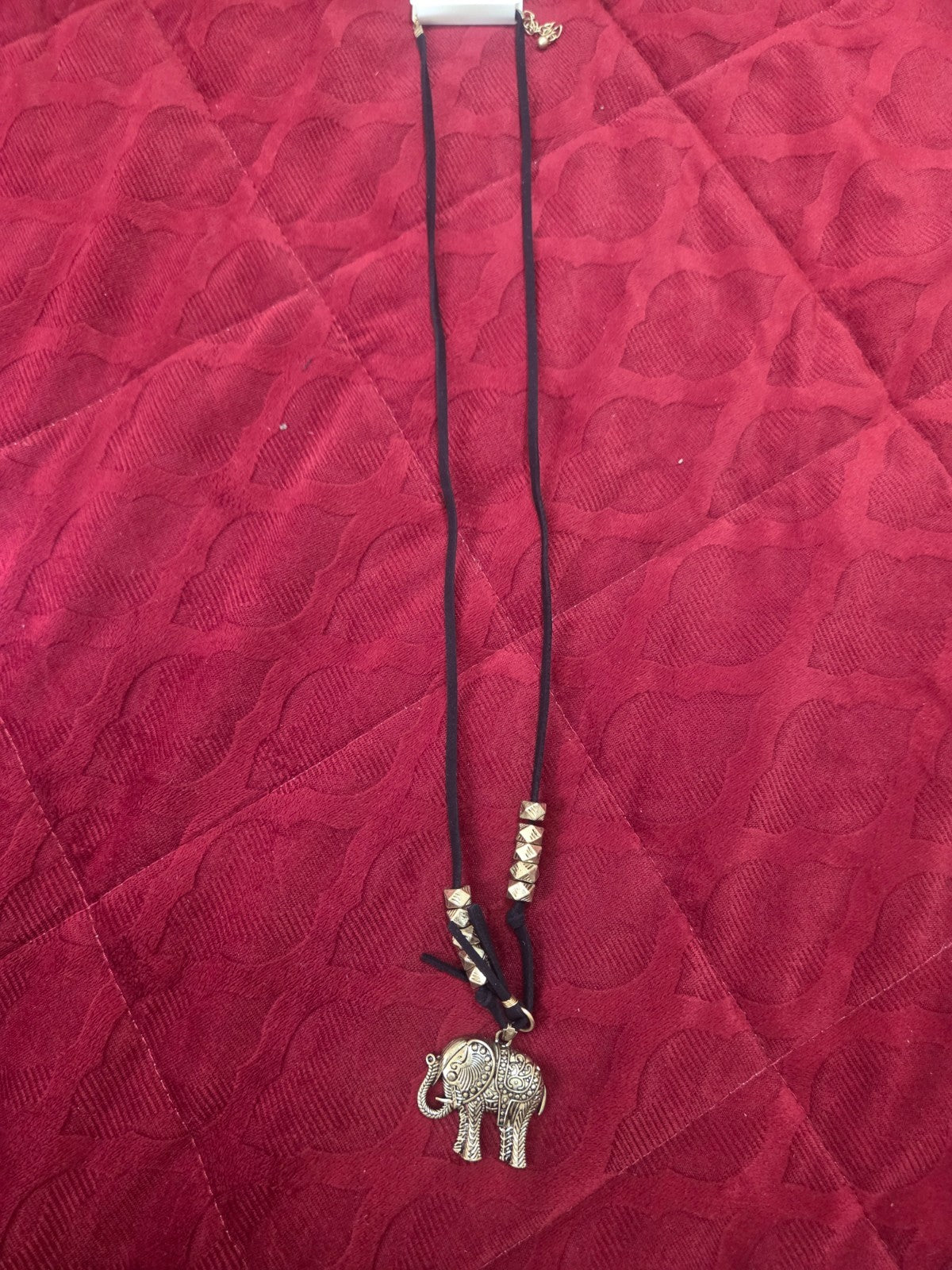 Long Bohemian Elephant Pendant Necklace & Stud Earrings Set Black Cord