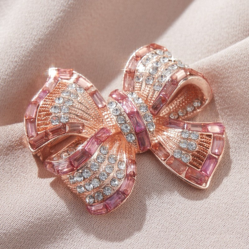 2pcs Sparkling Rhinestone Bow Brooch Pin Set Blue Pink Silver Tone Fashion