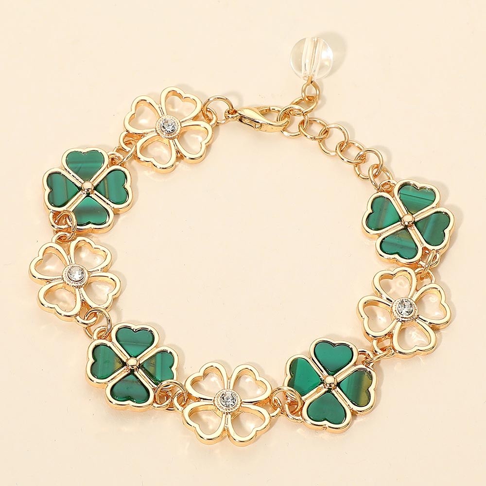 Gold Four Leaf Clover Charm Link Bracelet Green Malachite Style Je