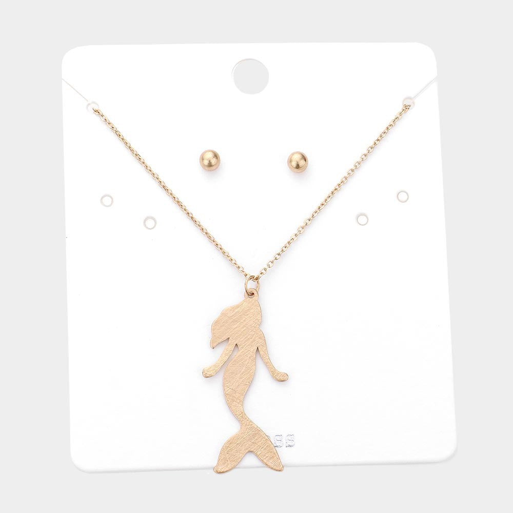 Gold Mermaid Silhouette Pendant Necklace and Stud Earring Set