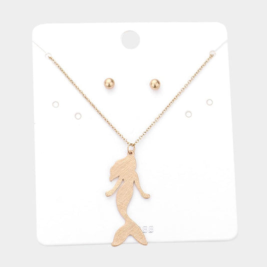 Gold Mermaid Silhouette Pendant Necklace and Stud Earring Set