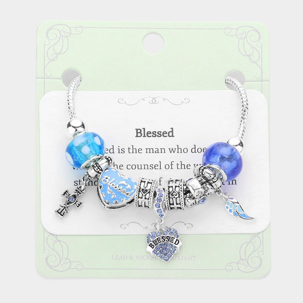 Blessed Inspirational Message Heart Wing Cross Charm Religious Bracelet Gift