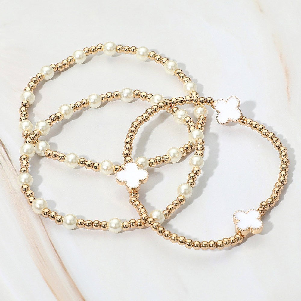 3PCS Quatrefoil Pearl Beaded Stretch Multi Layered Bracelets Women’s Jewelry
