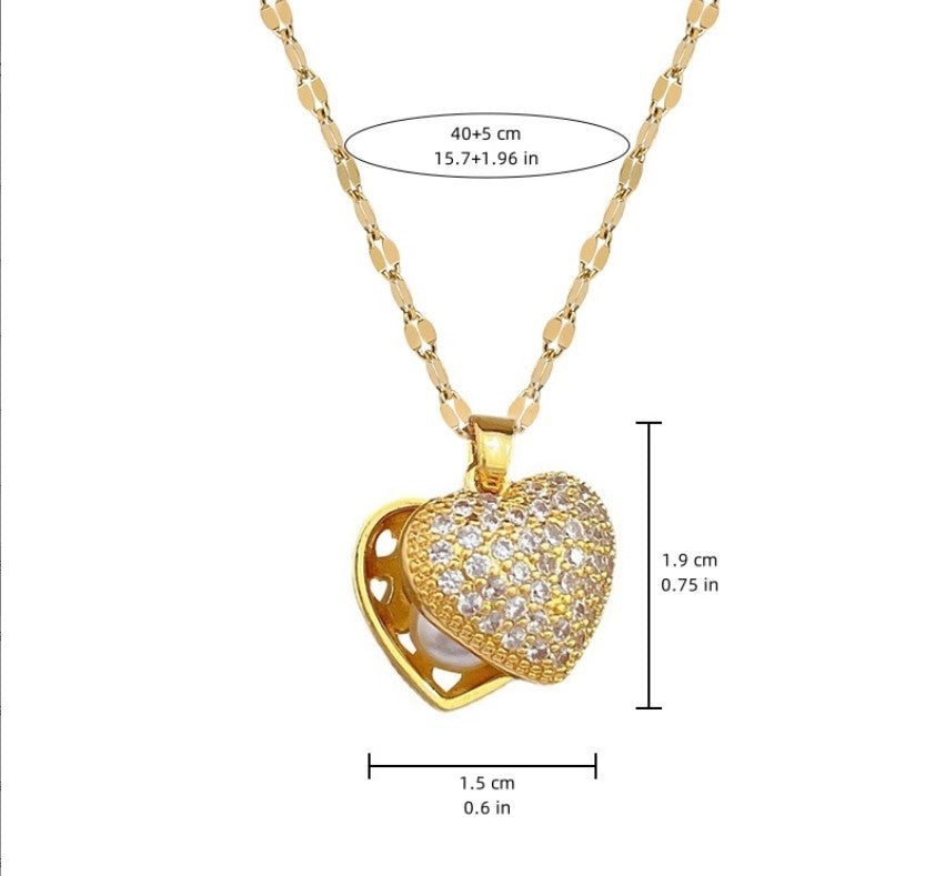 Luxury Cubic Zirconia Pearl Heart Locket Necklace Gold Tone