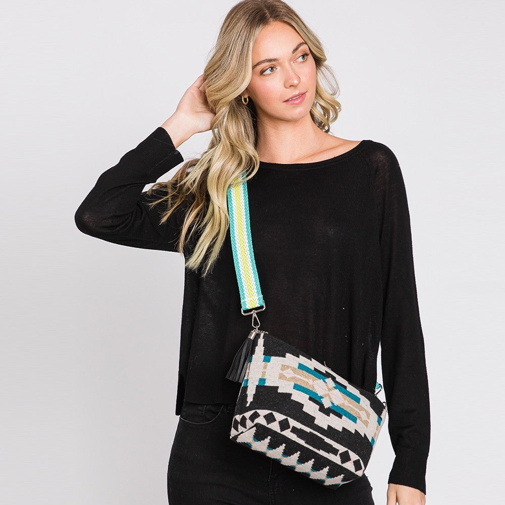 Bohemian Southwestern Pattern Crossbody Bag with Tassel Detail and Guitar Strap