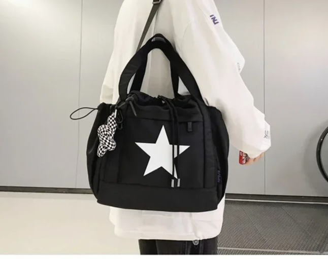 2-Pack Star Drawstring Tote Shoulder Bag Set Khaki Black White Crossbody Bags