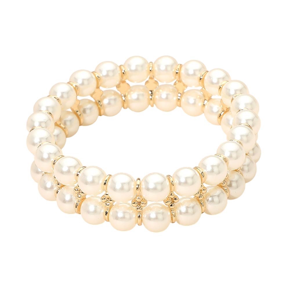 Cream Faux Pearl Double Row Stretch Bracelet - Elegant Gold-Tone Bridal Jewelry