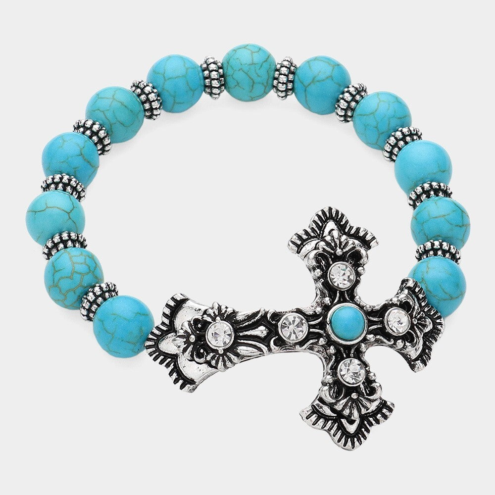 Antique Metal Gothic Cross Pointed Natural Stone Beaded Bracelet for Women