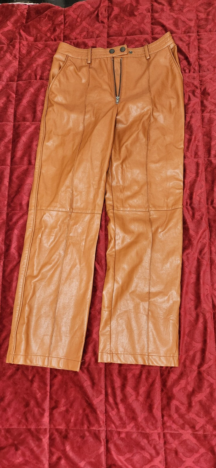 Elevated Option Brown Vegan Leather Straight Leg Pants Zip-Front Medium Lulus