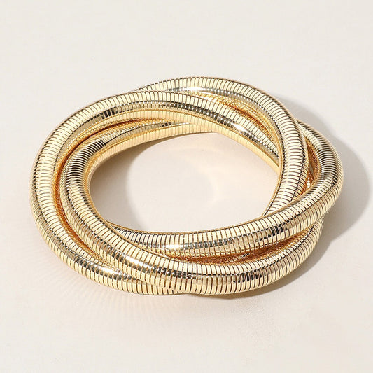 Ribbed Twisted Metal Stretch Bangle Bracelet for Women Classic Bold Look