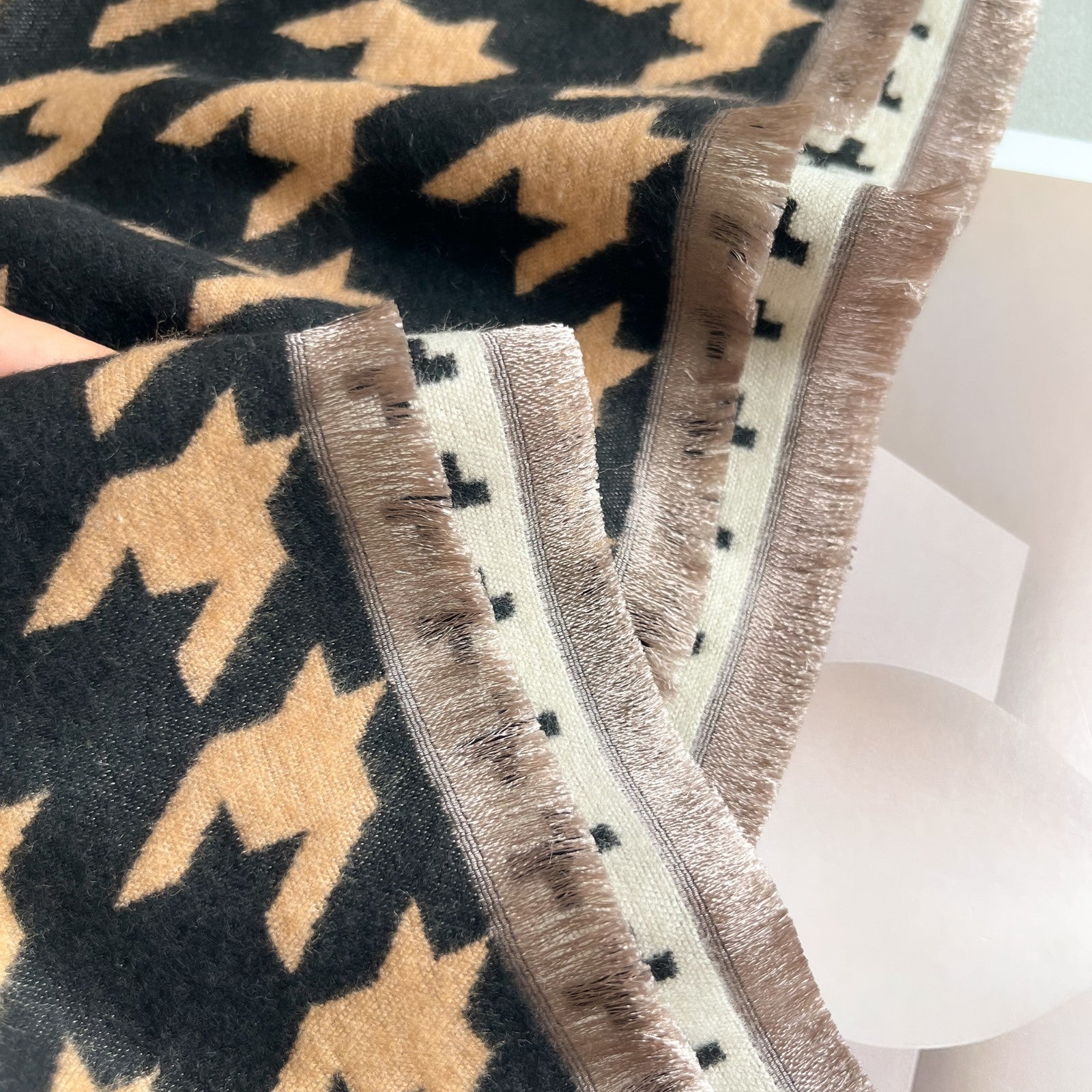 Multi-Color Houndstooth Blanket Scarf Shawl w/ Geometric Print & Fringe