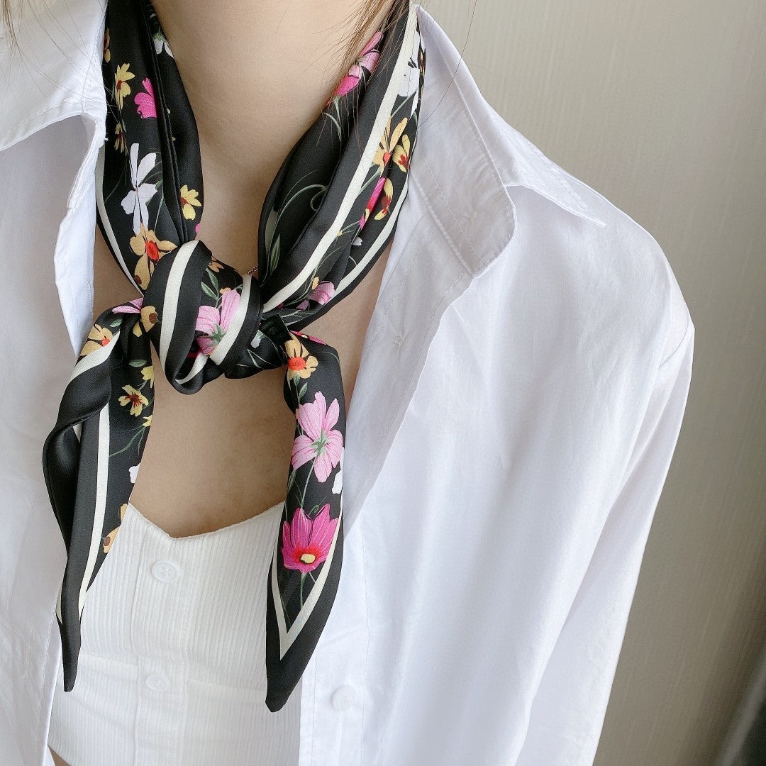 2 Pack Black White Floral Skinny Scarf Set Twilly Foulard Thin Neck Tie Ribbons