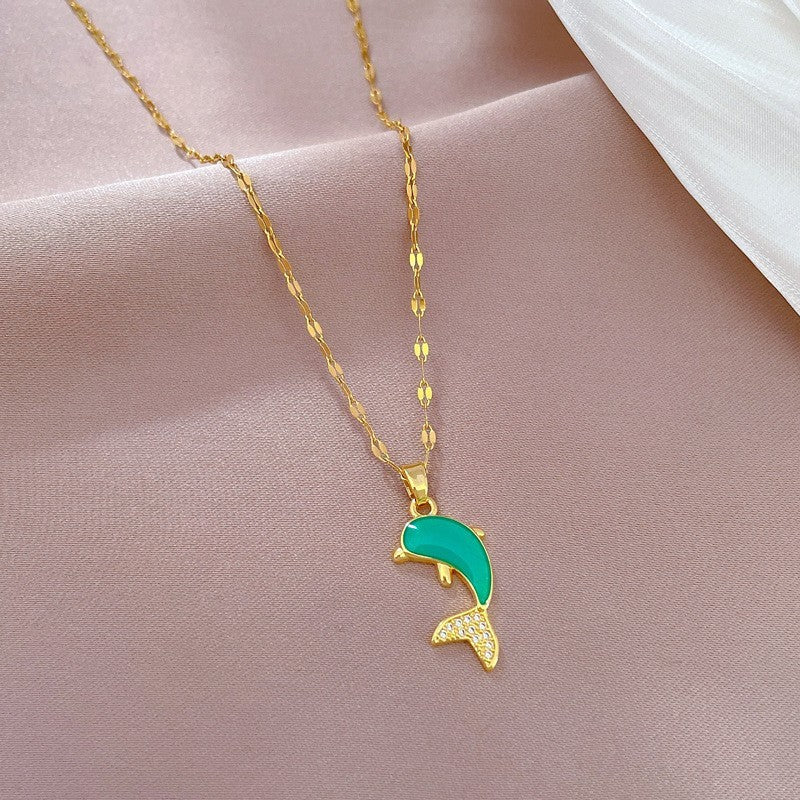Women’s Gold Tone Dolphin Necklace Dainty Turquoise Enamel Pendant Charm